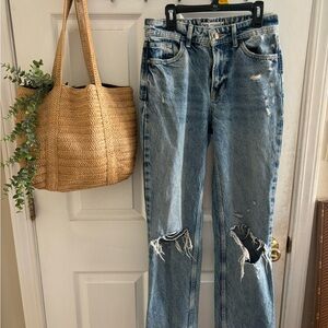 Zara Blue Distressed Straight Leg Jeans